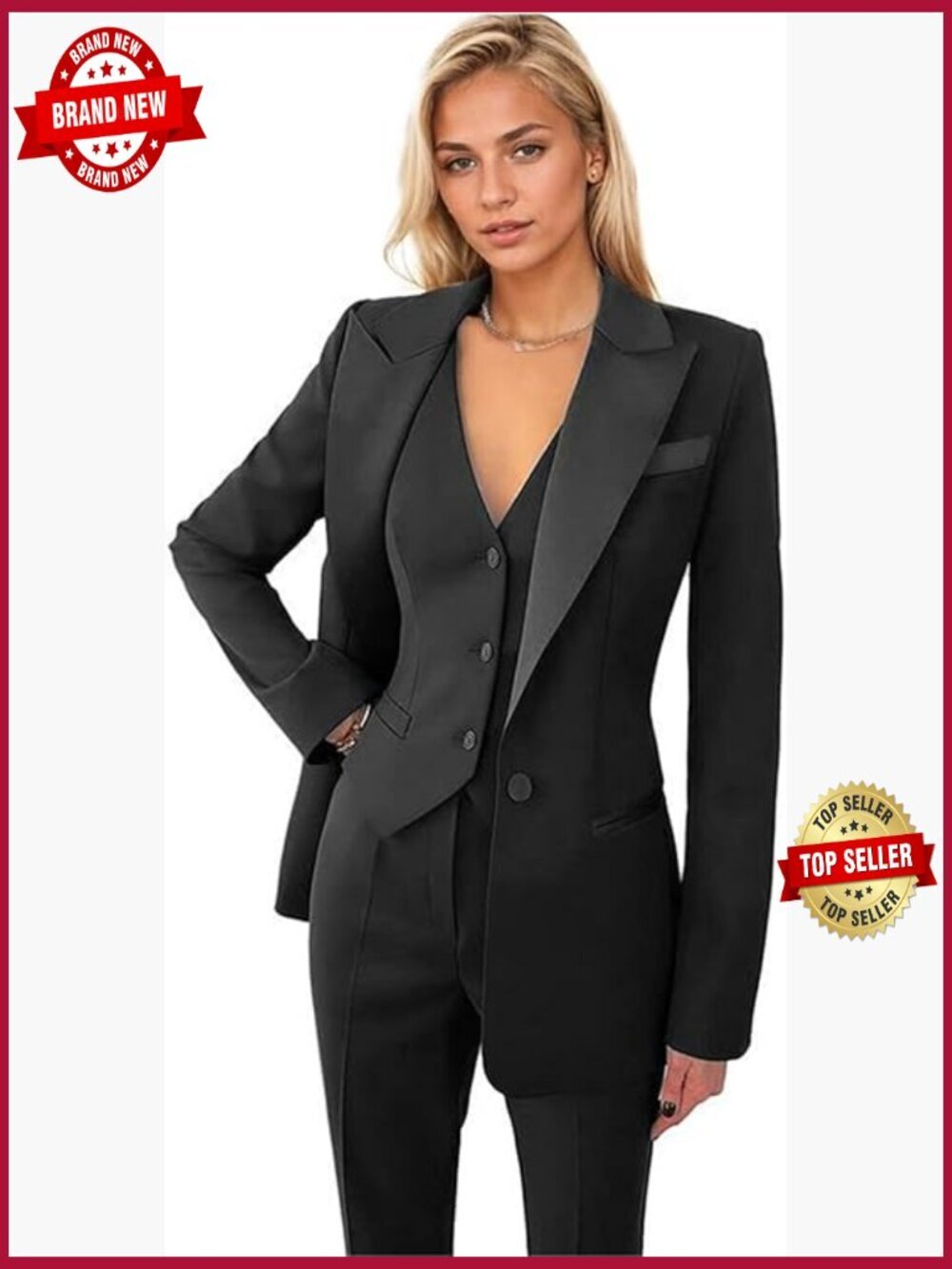 3pc Womens Tuxedo Suit Set Blazer Vest Pants Business Casual Office